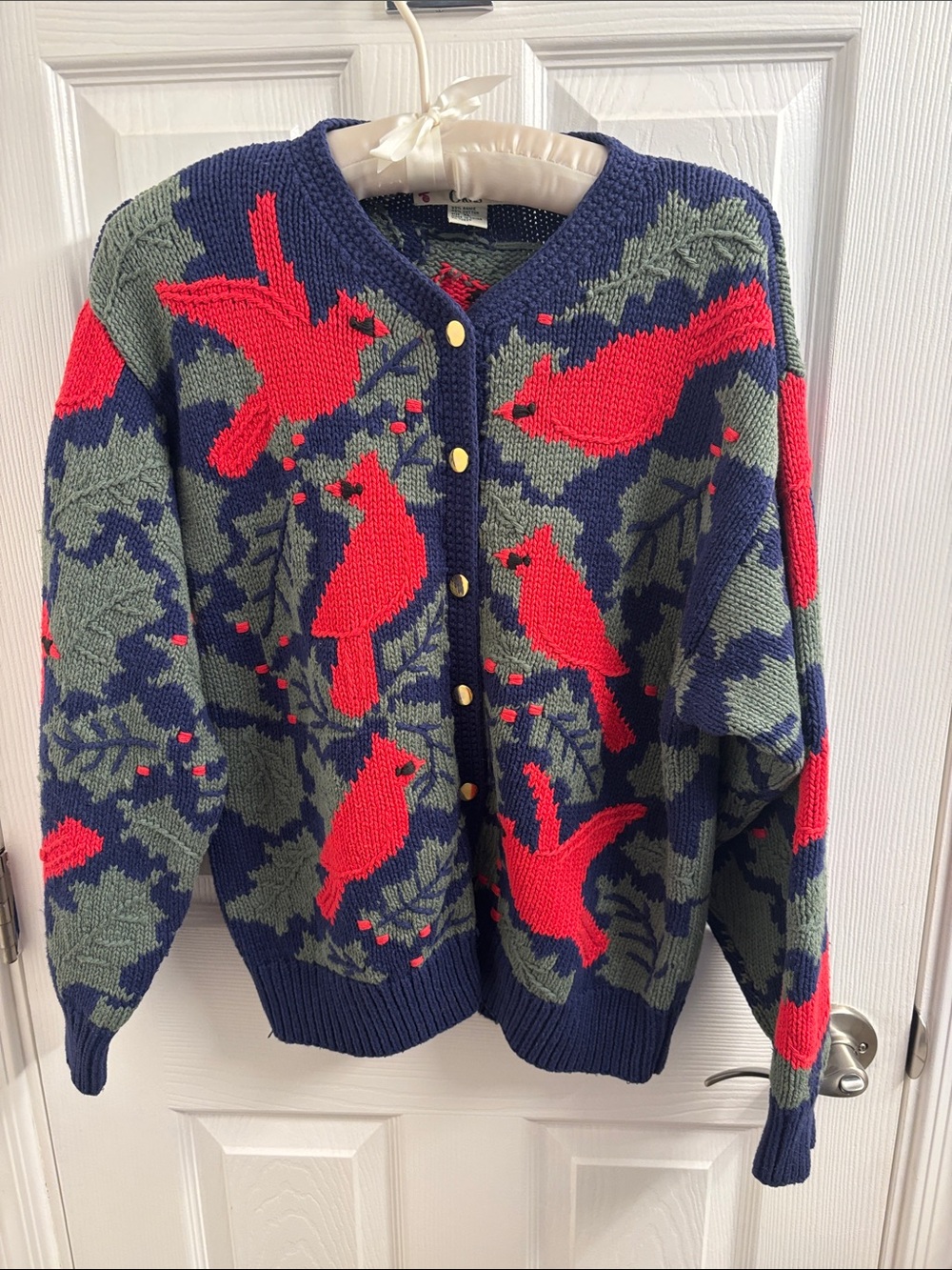 Vintage ORVIS Navy and Red Cardinal Knit Cardigan Sweater - Women XL